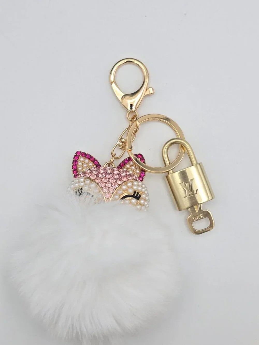 LV Authentic Gold Padlock 🔒 Key Set w/ Unbranded Fox Pom-pom Keychain Charm